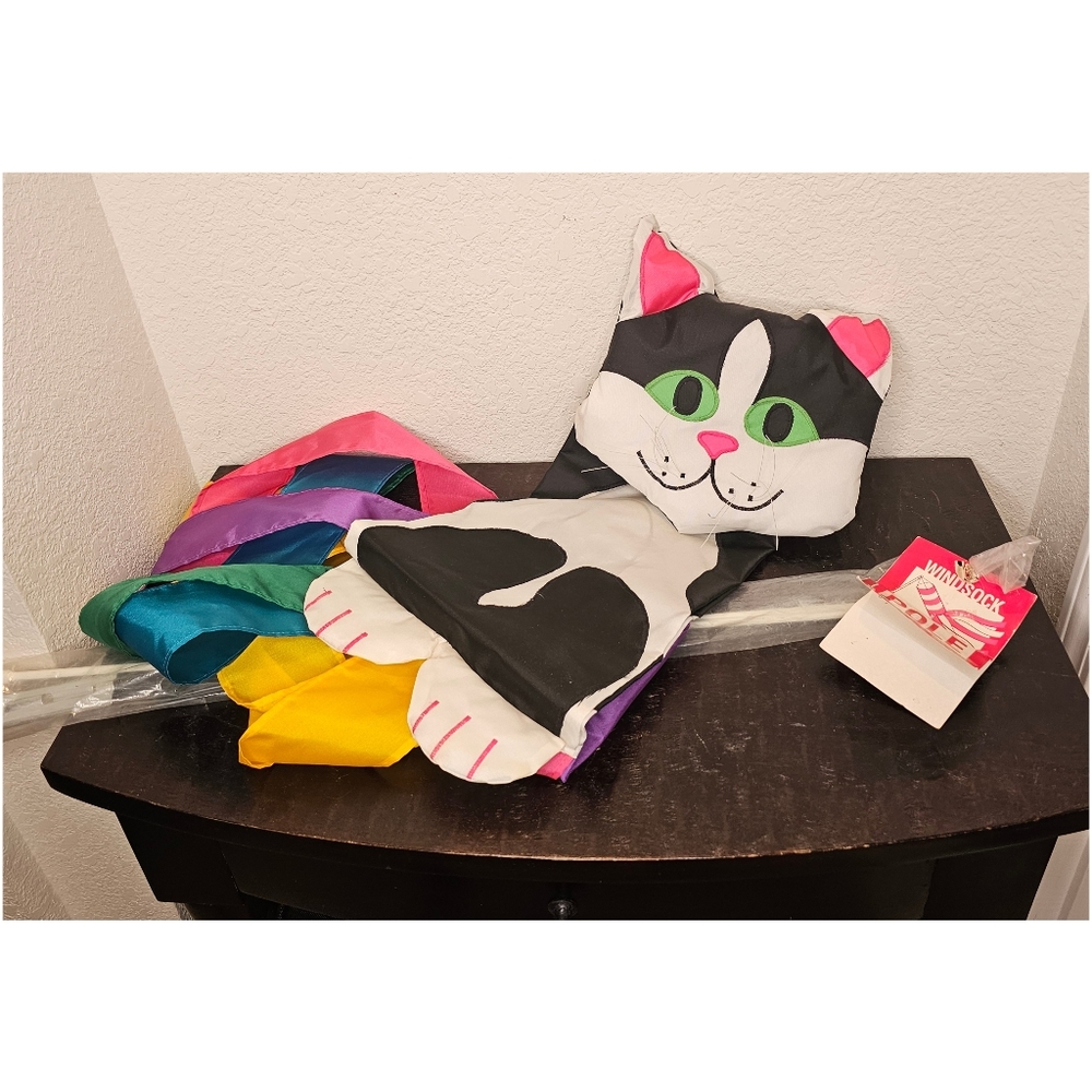 Vintage 80s Cat Windsock & Pole
